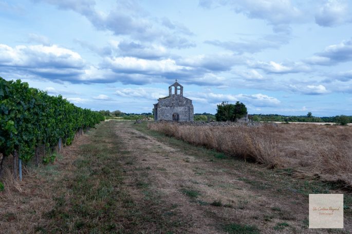 Chapelle en pierre au milieu de vignes et champs sous un ciel nuageux.